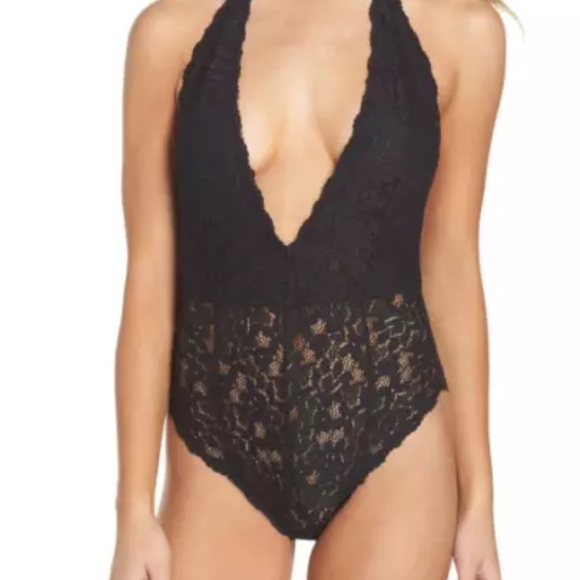 Free People Avery Lace Bodysuit in Black - Size Small, Deep V Neck Bodysuit NWT - Picture 3 of 9